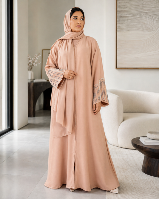 Elegant Blush Nude Abaya with Embellished Sleeves