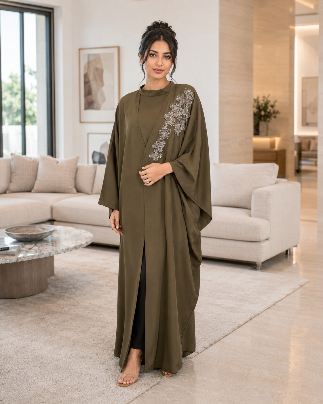 Army Green Handwork Abaya with Top and Pant