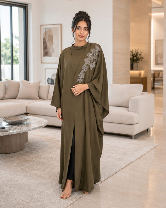 Army Green Handwork Abaya with Top and Pant