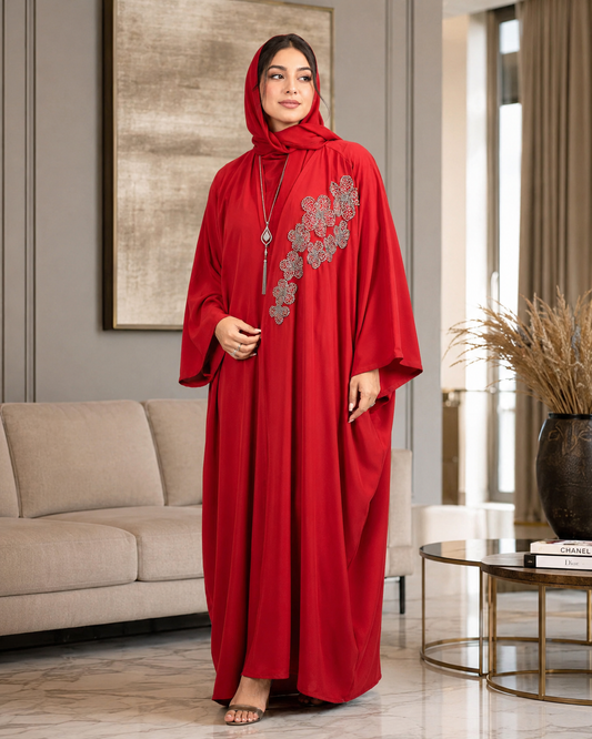 Red Beaded Work Abaya With Top and Pant in Poka Fabric. Comes with Matching Hijab