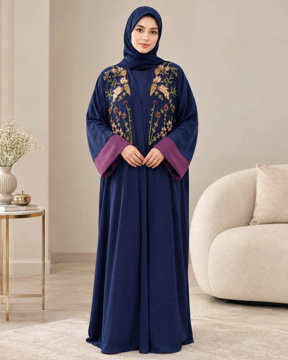 Navy Exquisite Handwork Abaya with Matching Inner and Hijab (Poka Fabric)