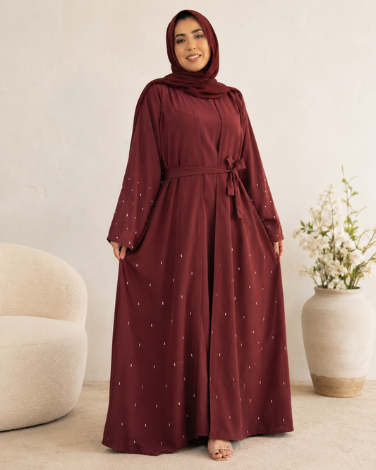 Stylish Maroon Double-Layer 3-Piece Abaya with Beaded Handwork