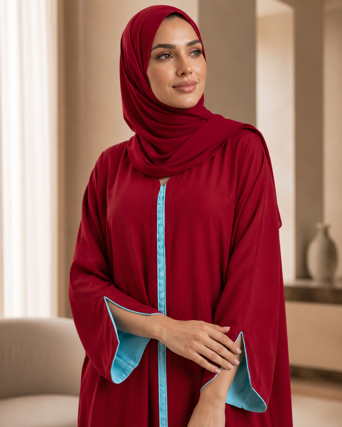 Red Maroon Moroccan Kaftan with Sky Blue Lining in Poka Fabric