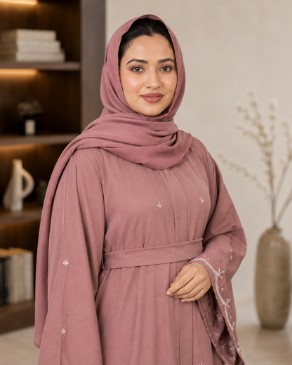 Mauve Umbrella-Cut Embellished Abaya Set (3-Piece)