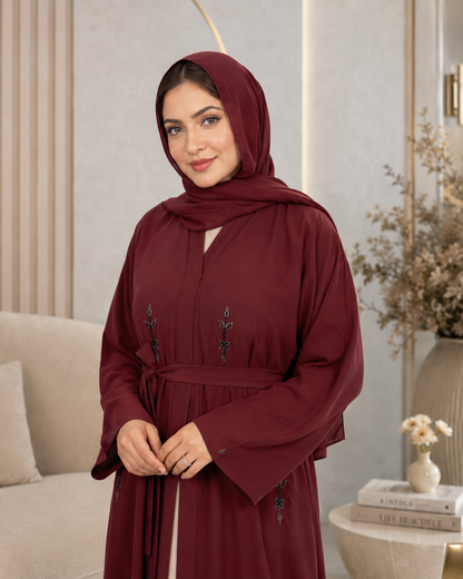 Maroon Majesty Leafy Embellished Abaya Set (3-Piece)