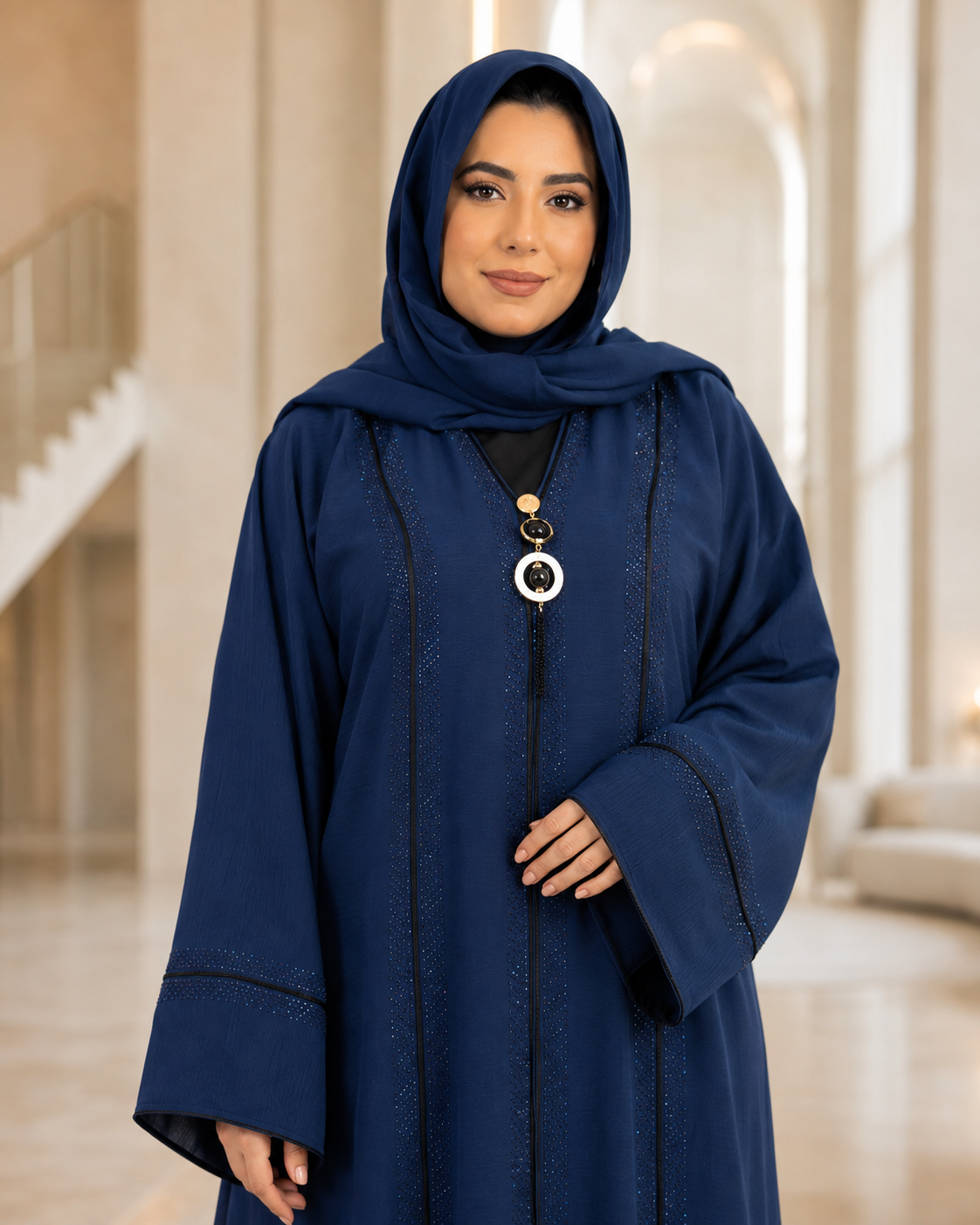 Luxurious Navy Blue Embellished Abaya with Matching Hijab