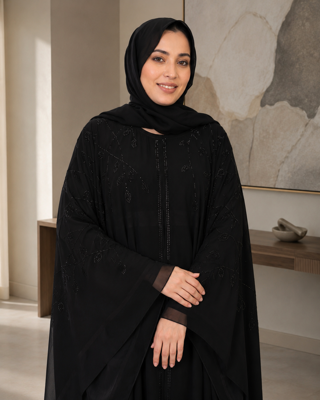 Gorgeous Black Farasha Stone-Embellished Abaya