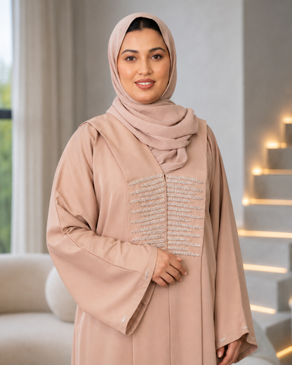 Exquisite Beige Dubai Silk Fabric Abaya with Crystal Bead Handwork & Flowy Sleeves