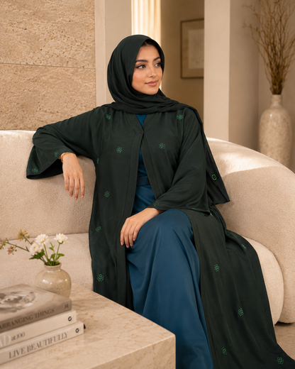 Emerald Forest Crystal-Strewed Abaya Set (3-Piece)