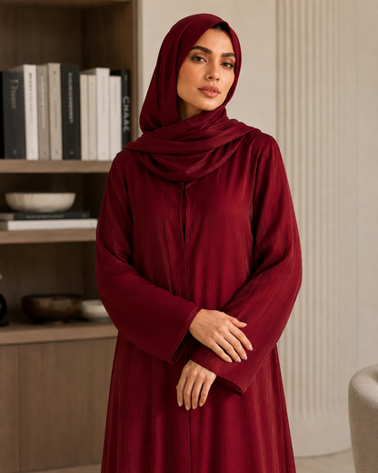 Deep Burgundy Organza Abaya with Fully Lined Nidha Fabric Inner