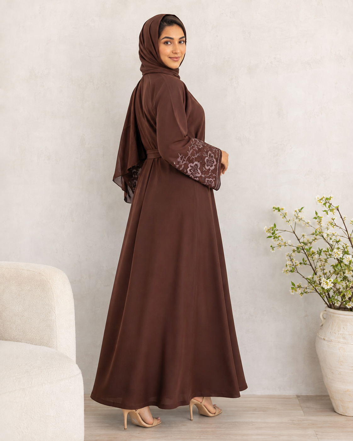 Dazzling Deep Brown Open-Front Abaya with Embroidered Sleeves & Belt
