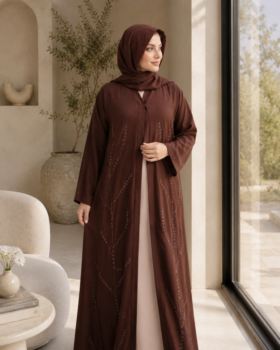 Chocolate Truffle Leafy Vine Abaya Set (3-Piece)