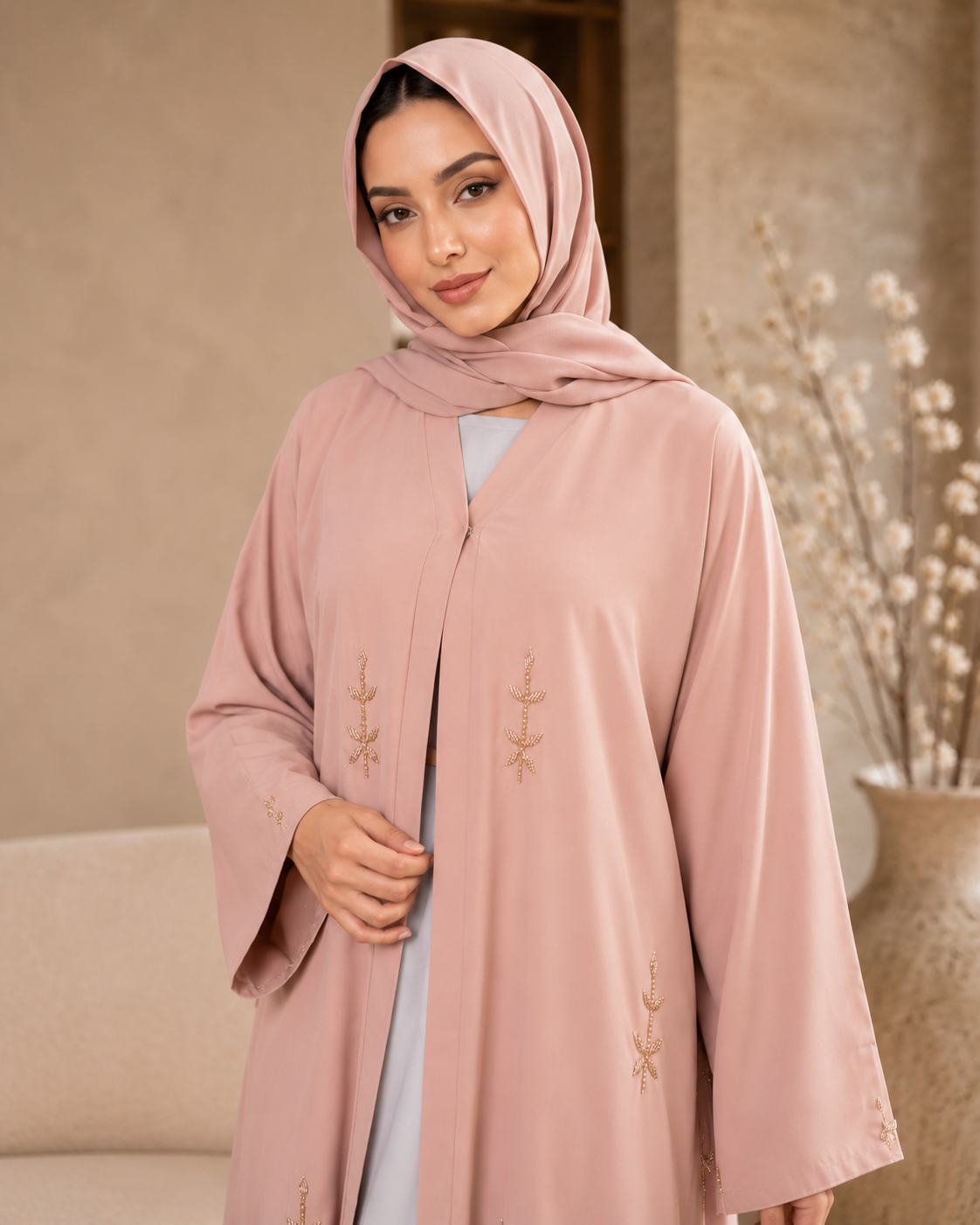 Blush Rose Leafy Embellished Abaya Set (3-Piece)