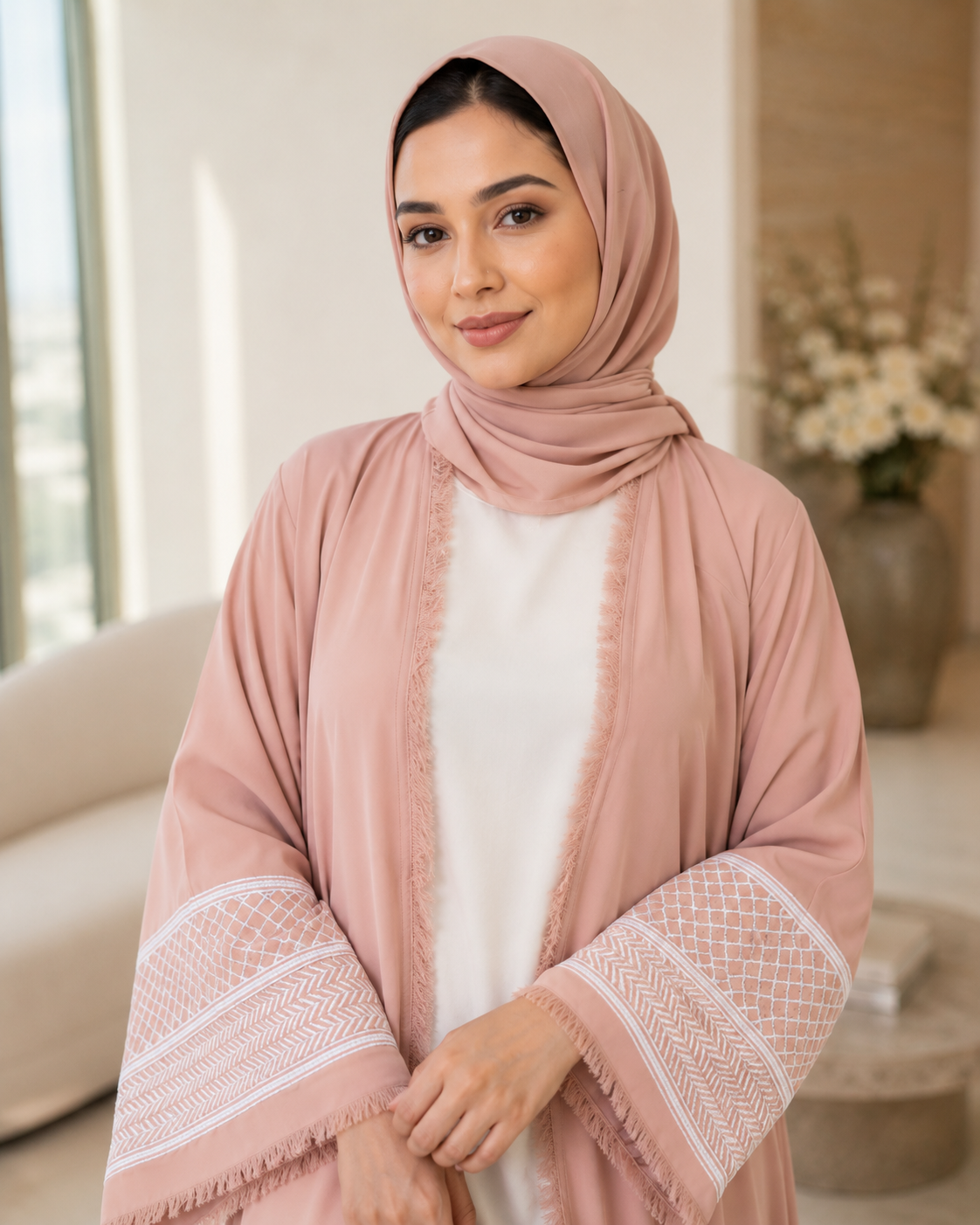 Beautiful Peachy Pink Open-Front Abaya with Fringe Detailing with Keffiyeh Embroidered