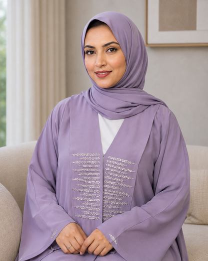 Lavender Open-Front Abaya with Crystal Bead Handwork & Flowy Sleeves