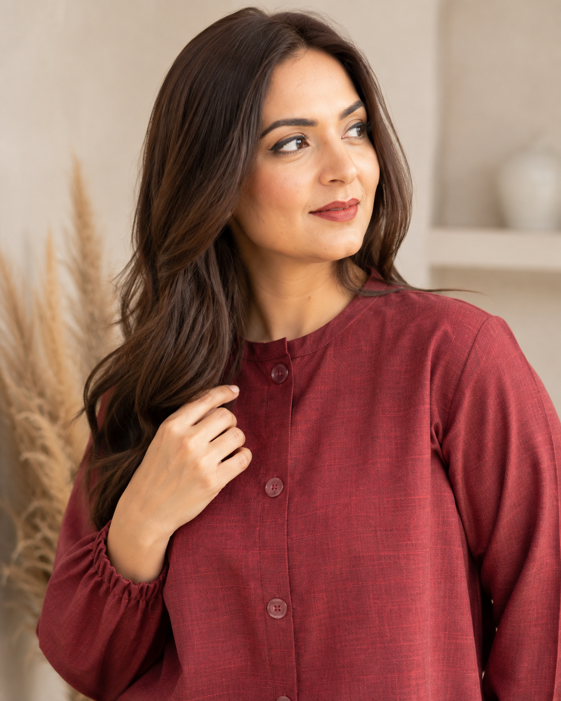 Red-maroon Button Down Two-Piece Set