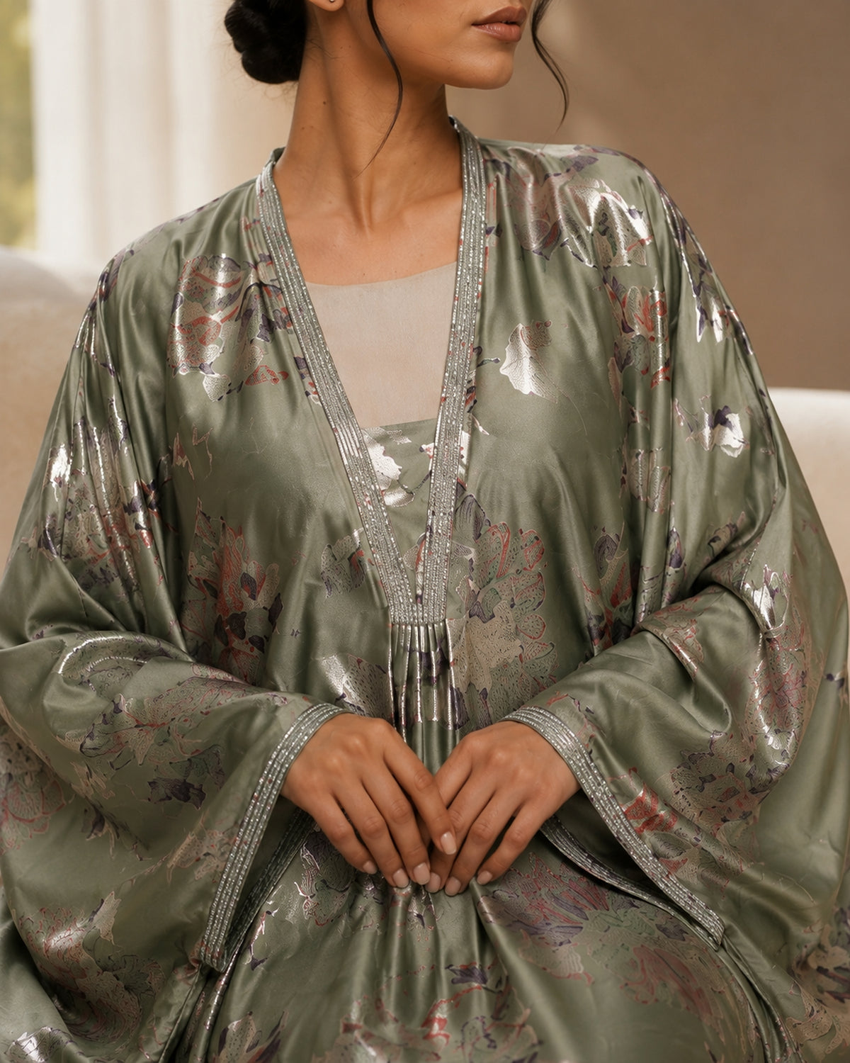 Sage green foil print kaftan dress with stone lace