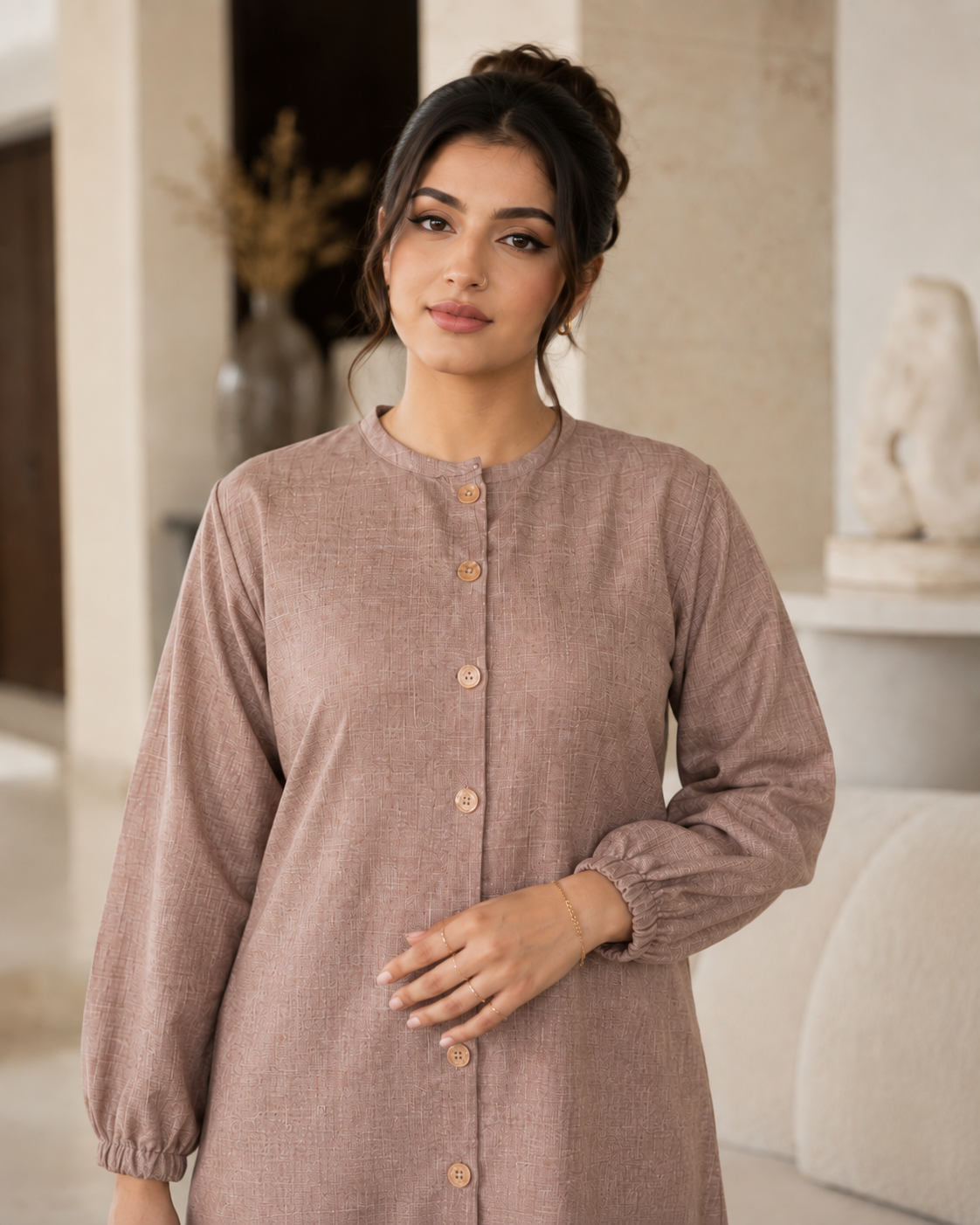 Nude Beige Button Down Two-Piece Set