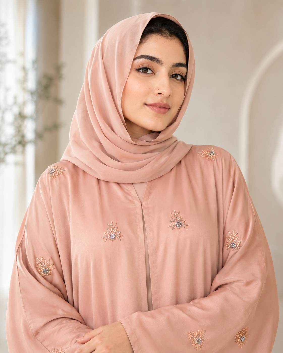 Nude Beige Farasha-Style Flowy Abaya Set (3-Piece)