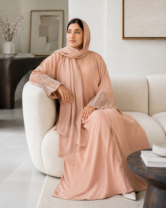 Elegant Blush Nude Abaya with Embellished Sleeves