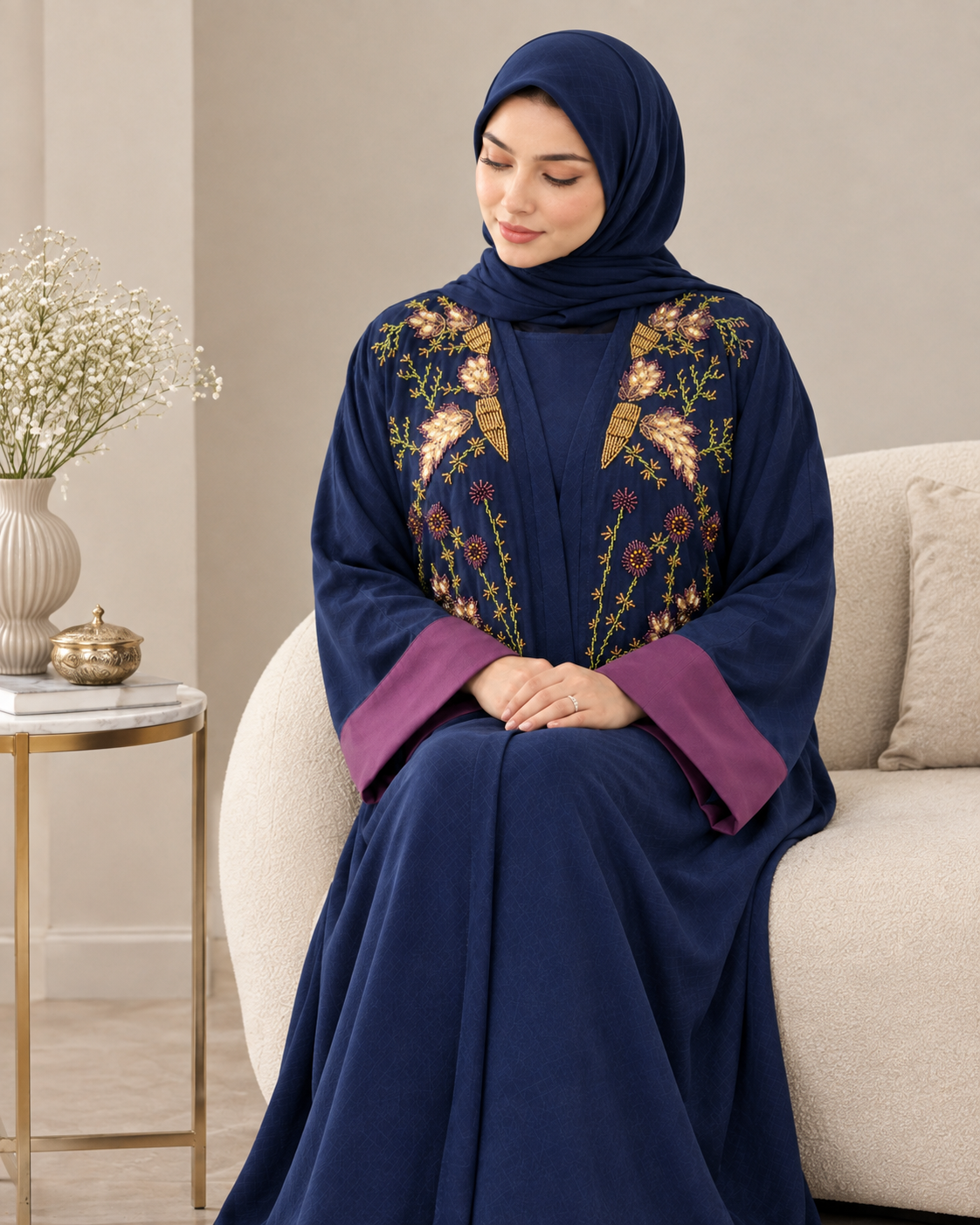 Navy Exquisite Handwork Abaya with Matching Inner and Hijab (Poka Fabric)