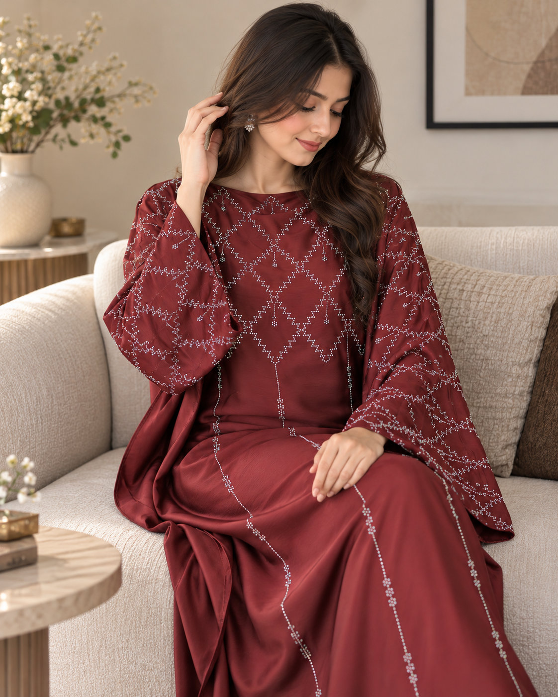 Rustic Brown Kaftan Abaya with Stone Work in Dubai Cherry Fabric