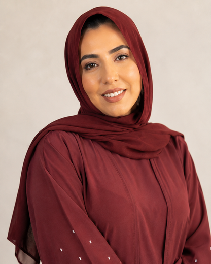 Stylish Maroon Double-Layer 3-Piece Abaya with Beaded Handwork
