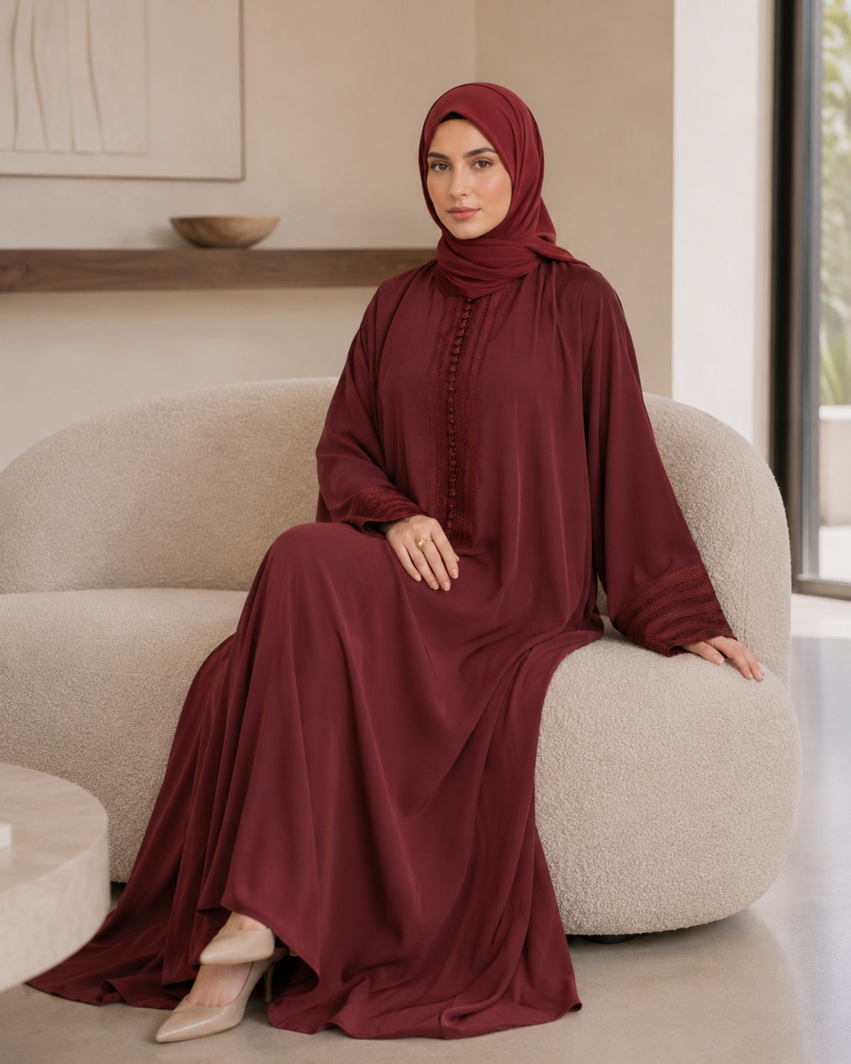 Terracotta Wine Moroccan Kaftan Style Abaya Dress in Poka Fabric