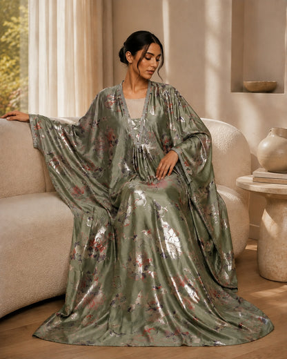 Sage green foil print kaftan dress with stone lace