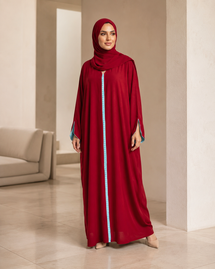 Red Maroon Moroccan Kaftan with Sky Blue Lining in Poka Fabric