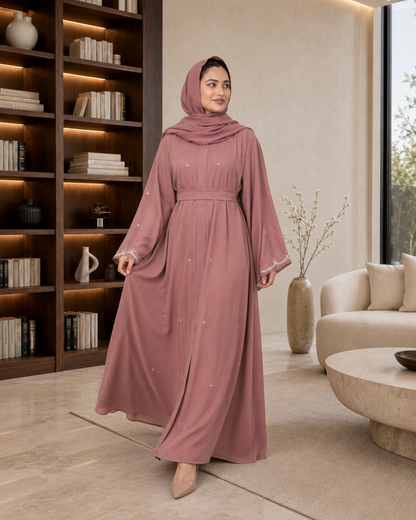 Mauve Umbrella-Cut Embellished Abaya Set (3-Piece)