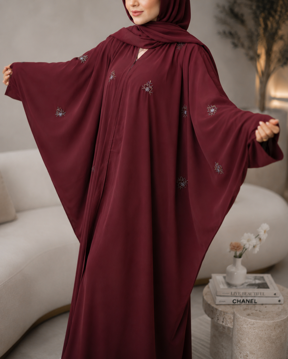 Maroon Sarah-Style Flowy Abaya Set (3-Piece)