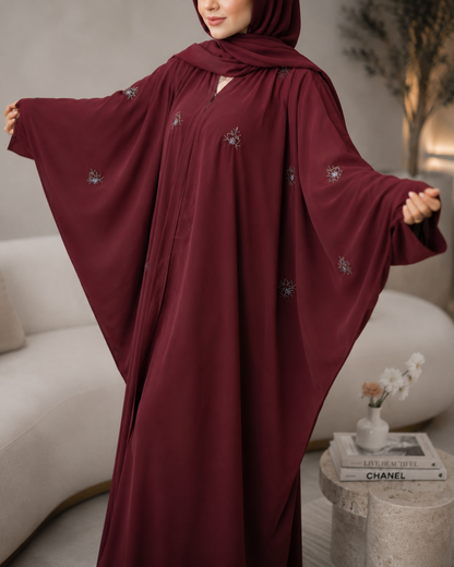 Maroon Sarah-Style Flowy Abaya Set (3-Piece)