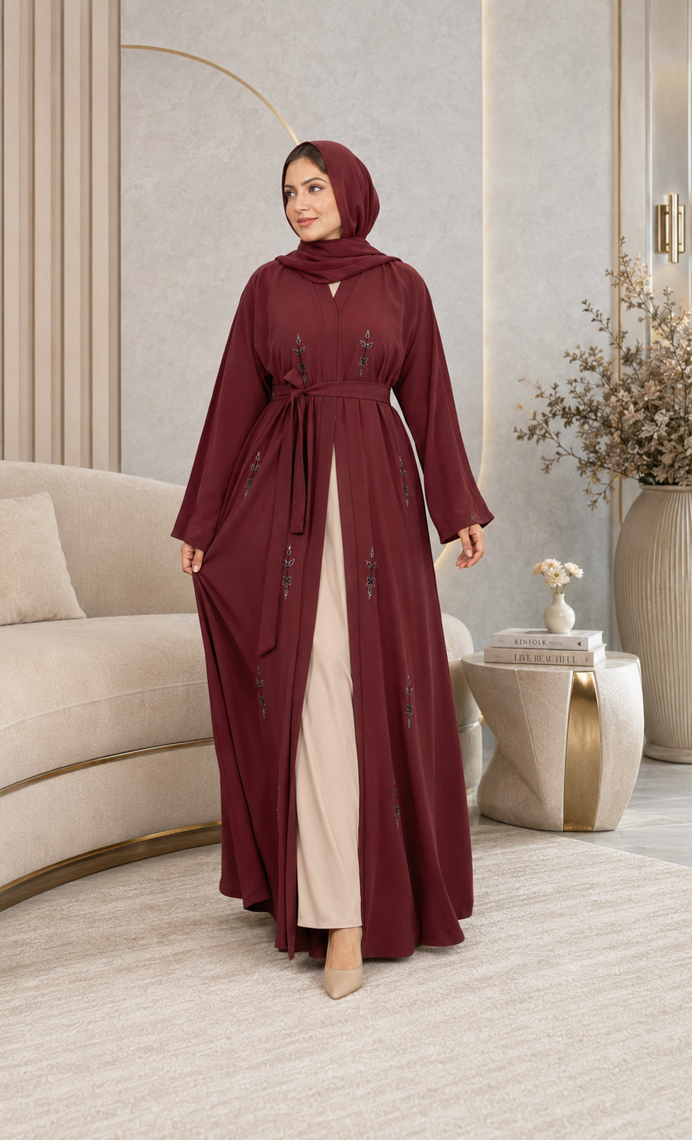 Maroon Majesty Leafy Embellished Abaya Set (3-Piece)