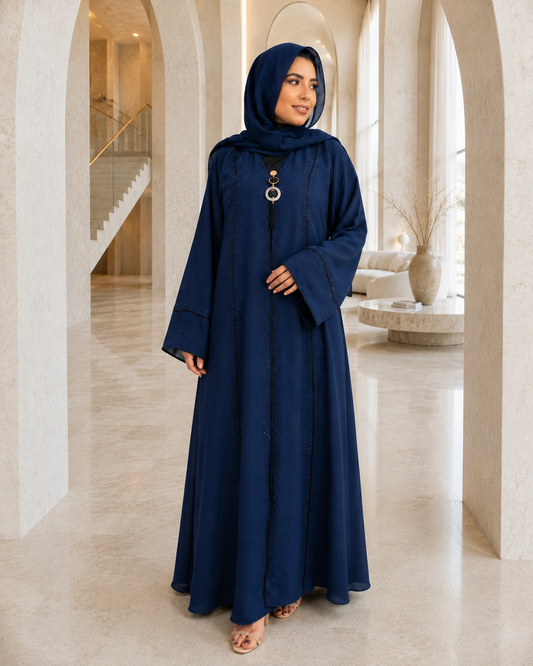 Luxurious Navy Blue Embellished Abaya with Matching Hijab
