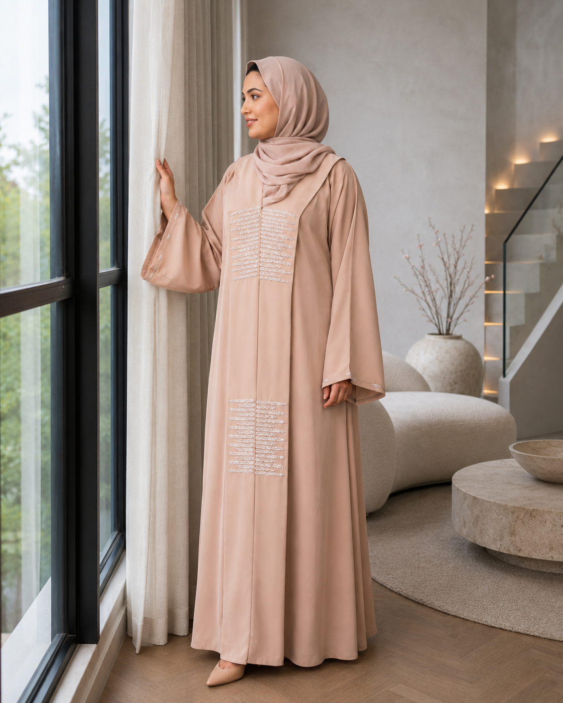 Exquisite Beige Dubai Silk Fabric Abaya with Crystal Bead Handwork & Flowy Sleeves