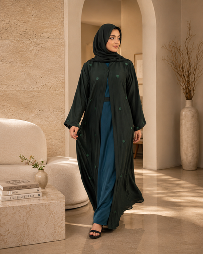 Emerald Forest Crystal-Strewed Abaya Set (3-Piece)
