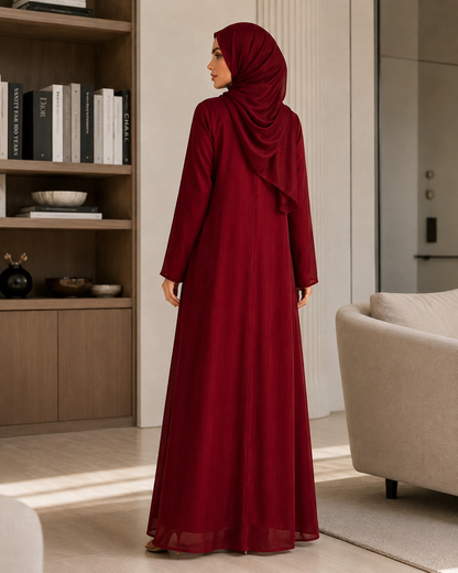 Deep Burgundy Organza Abaya with Fully Lined Nidha Fabric Inner