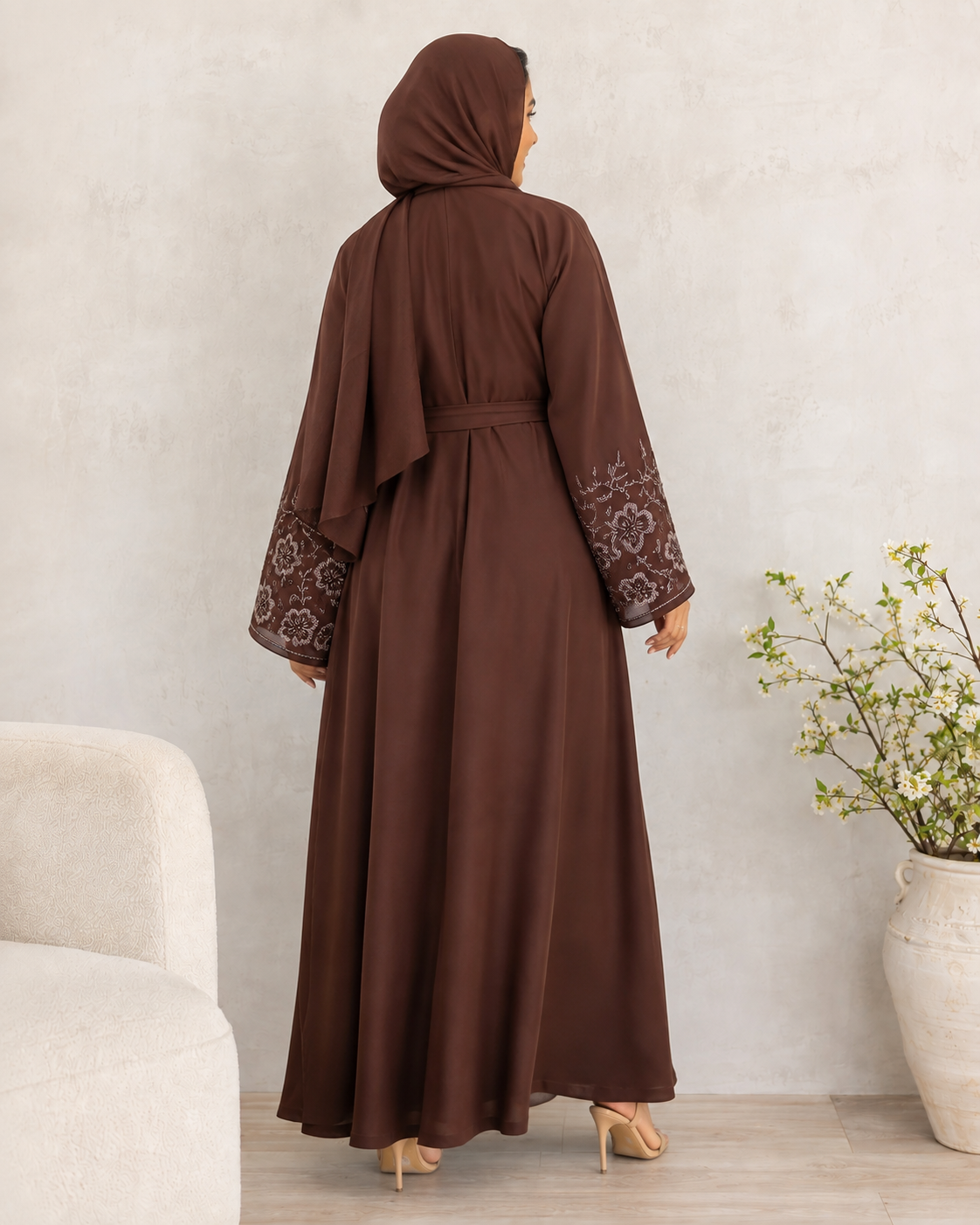 Dazzling Deep Brown Open-Front Abaya with Embroidered Sleeves & Belt