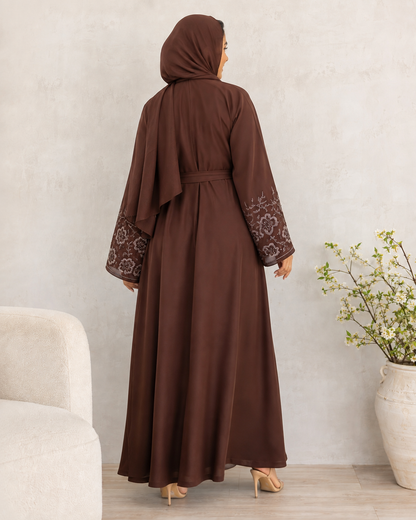 Dazzling Deep Brown Open-Front Abaya with Embroidered Sleeves & Belt