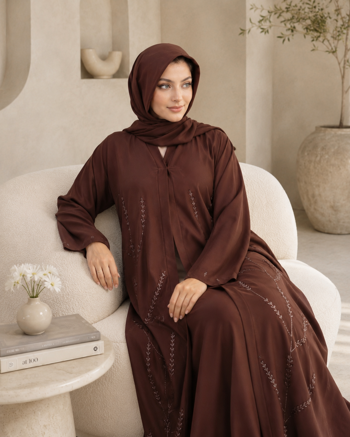Chocolate Truffle Leafy Vine Abaya Set (3-Piece)