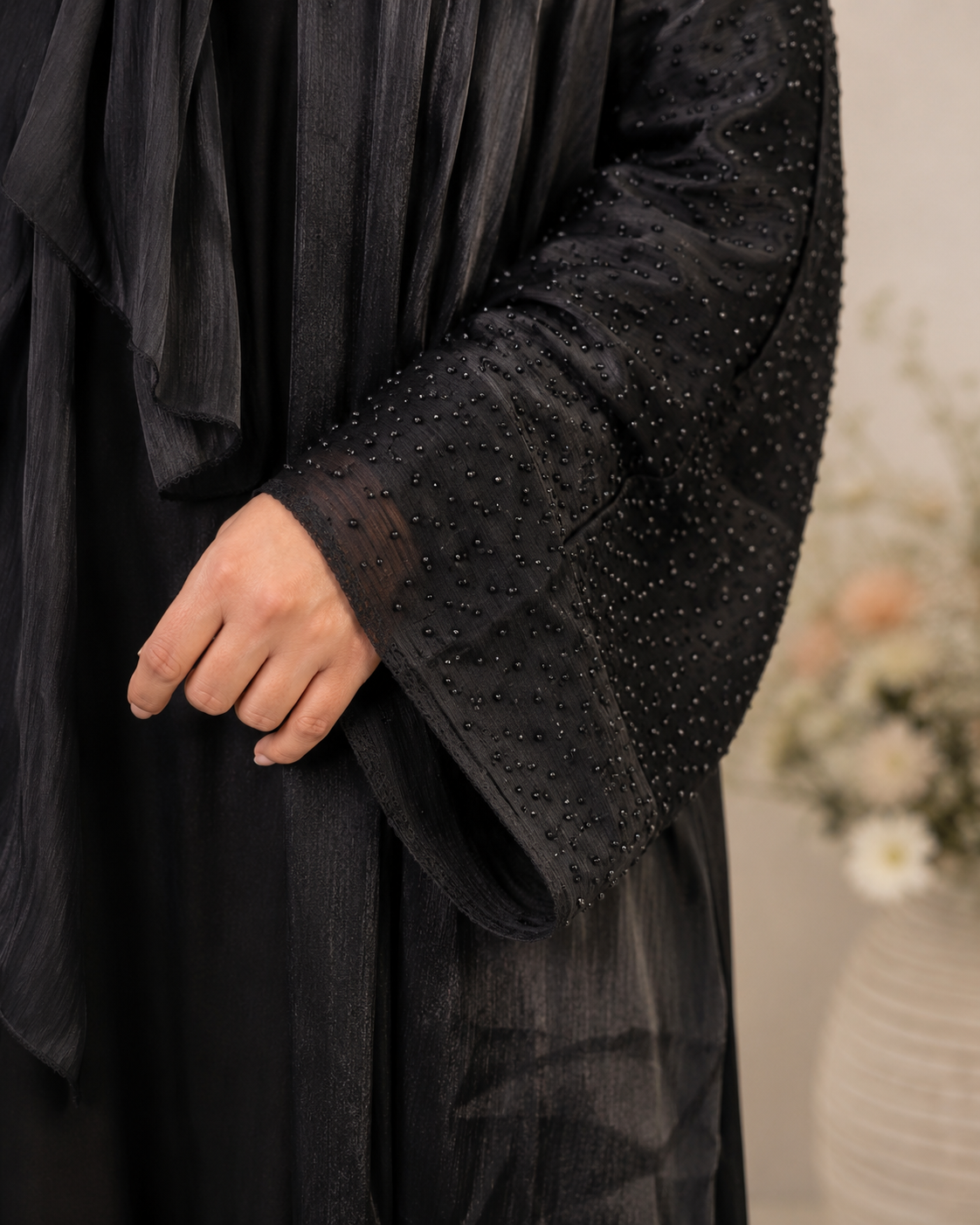 Black Farasha-Style Flowy Abaya Set