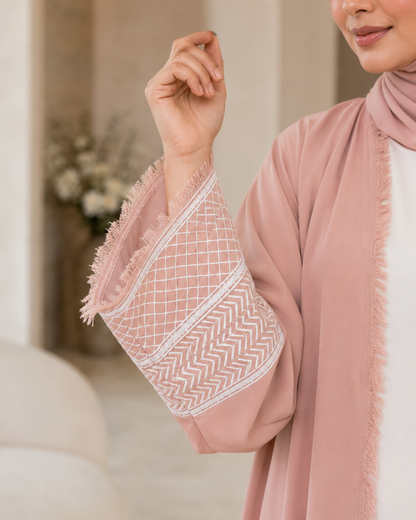 Beautiful Peachy Pink Open-Front Abaya with Fringe Detailing with Keffiyeh Embroidered