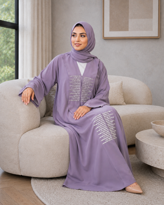 Lavender Open-Front Abaya with Crystal Bead Handwork & Flowy Sleeves