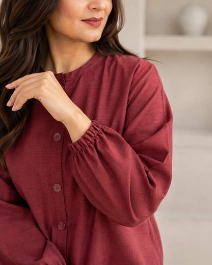 Red-maroon Button Down Two-Piece Set