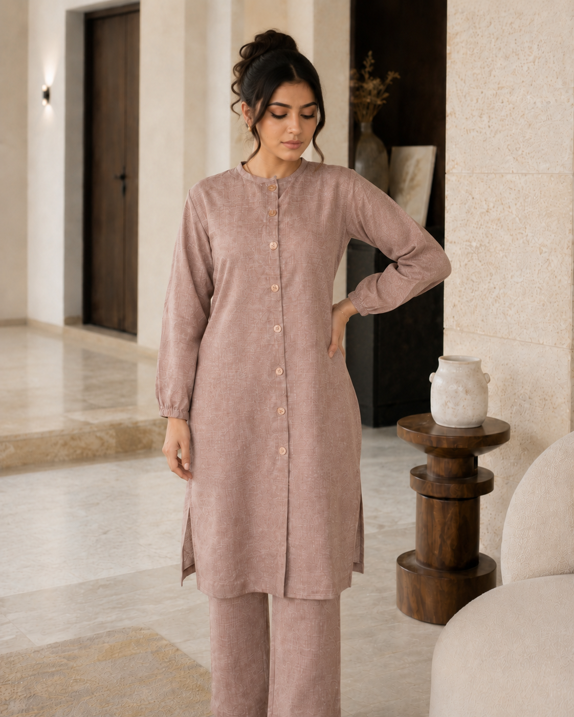 Nude Beige Button Down Two-Piece Set