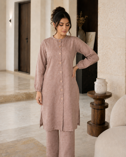 Nude Beige Button Down Two-Piece Set