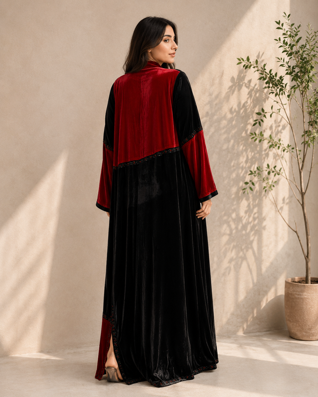 Red & Black Luxe Velvet Color-Block Abaya