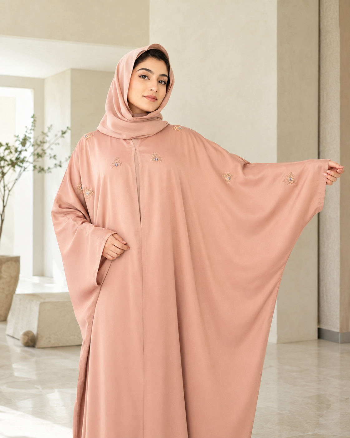Nude Beige Farasha-Style Flowy Abaya Set (3-Piece)