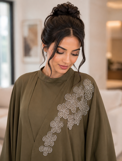 Army Green Handwork Abaya with Top and Pant